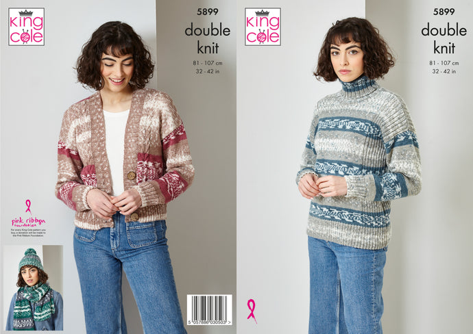 King Cole Pattern 5899 DK Cardigan, Sweater, Scarf and Hat