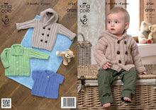 Load image into Gallery viewer, King Cole Pattern 3724 Aran Coat with Hood, Jacket with Pockets and Lacy Cardigan
