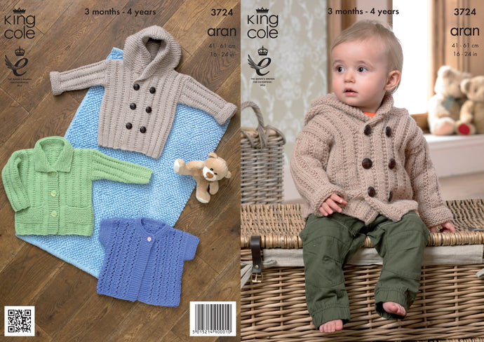 King Cole Pattern 3724 Aran Coat with Hood, Jacket with Pockets and Lacy Cardigan