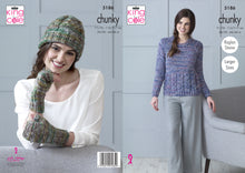 Load image into Gallery viewer, King Cole Pattern 5186 Chunky Sweater, Fingerless Mitts and Hat
