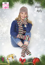 Load image into Gallery viewer, King Cole Pattern 5545 4ply Hat, Scarf, Fingerless Gloves and Socks
