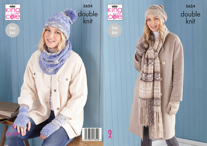 King Cole Pattern 5654 Scarf, Wristwarmers, Hats, Mitts and Snood